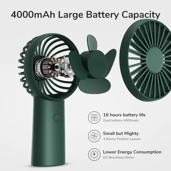 JISULIFE Handheld Fan 4000mAh Small Portable Fan Personal USB Rechargeable Pocket Fan 416H Working Time Battery Operated Hand Fan with 3 Speeds for OutdoorTravel Summer Gift for Women MenGreenGreen