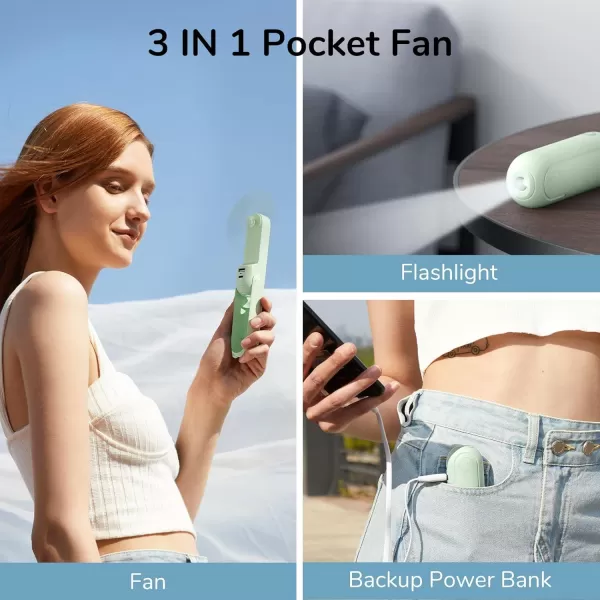 JISULIFE Handheld Mini Fan 3 IN 1 Hand Fan USB Rechargeable Small Pocket Fan 1219 Working Hours with Power Bank Flashlight Portable Fan for TravelSummerConcertsLash Gifts for WomenPinkLight Green