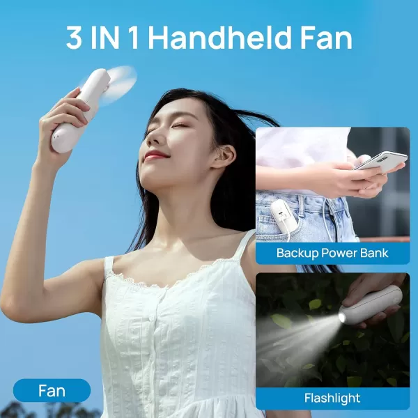JISULIFE Portable Handheld Fan Mini Rechargeable Hand Fan Small Battery Operated 1421hrs Personal USB Foldable Fan Pocket Fan with Power Bank Flashlight Gifts for WomenGirlsFriends  BlueWhite