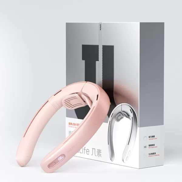 JISULIFE Portable Neck Fan Pro 100 Speeds Bladeless Fan Stepless Knob LED Display 5000mAh Rechargeable Personal Fan Mini Hands Free USB Battery Operated Wearable FanGreyPink