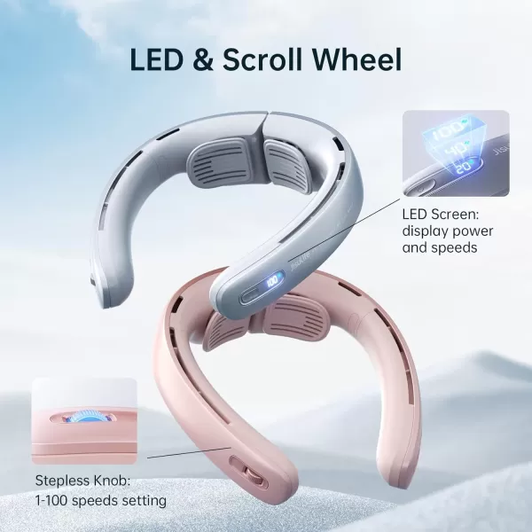 JISULIFE Portable Neck Fan Pro 100 Speeds Bladeless Fan Stepless Knob LED Display 5000mAh Rechargeable Personal Fan Mini Hands Free USB Battery Operated Wearable FanGreyPink