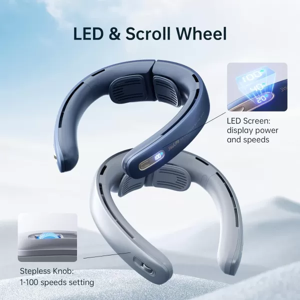 JISULIFE Portable Neck Fan Pro 100 Speeds Bladeless Fan Stepless Knob LED Display 5000mAh Rechargeable Personal Fan Mini Hands Free USB Battery Operated Wearable FanGreyBlue