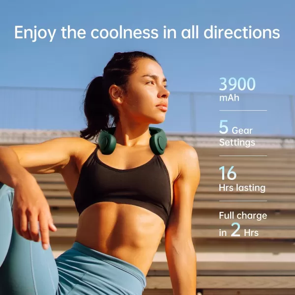 JISULIFE Portable Neck Fan Upgraded Necksupport Personal Fan Hands Free 5 Speed Gears Adjustment 3900 mAh Wearable Bladeless Fan Quiet Rechargeable Fan Fashionable Gifts for Women Men GreyGREEN