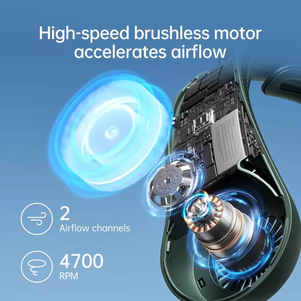 JISULIFE Portable Neck Fan Upgraded Necksupport Personal Fan Hands Free 5 Speed Gears Adjustment 3900 mAh Wearable Bladeless Fan Quiet Rechargeable Fan Fashionable Gifts for Women Men GreyGREEN