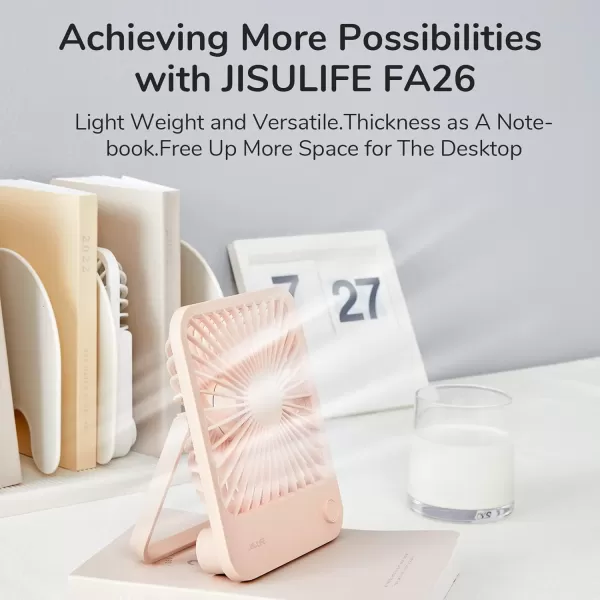 JISULIFE Small Desk Fan Battery Operated Small Fan180 Foldable Portable Fan 4 Speeds Adjustable Ultra Quiet for Home Office Travel OutdoorWhitePink