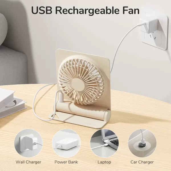 JISULIFE Small Desk Fan Portable USB Rechargeable Fan 160 Tilt Folding Personal Mini Fan with 4500mAh Battery Strong Wind Ultra Quiet 4 Speed Modes for Office Home Camping  WhiteBrown