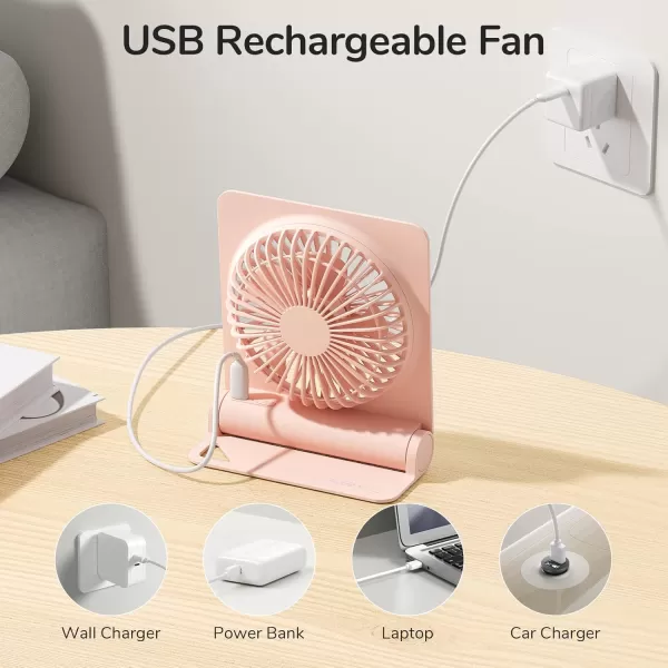 JISULIFE Small Desk Fan Portable USB Rechargeable Fan 160 Tilt Folding Personal Mini Fan with 4500mAh Battery Strong Wind Ultra Quiet 4 Speed Modes for Office Home Camping  WhitePink