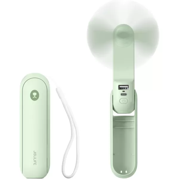 JISULIFE Portable Handheld Fan Mini Rechargeable Hand Fan Small Battery Operated 1421hrs Personal USB Foldable Fan Pocket Fan with Power Bank Flashlight Gifts for WomenGirlsFriends  BlueMint Green