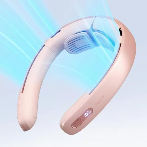JISULIFE Portable Neck Fan Pro 100 Speeds Bladeless Fan Stepless Knob LED Display 5000mAh Rechargeable Personal Fan Mini Hands Free USB Battery Operated Wearable FanGreyPink