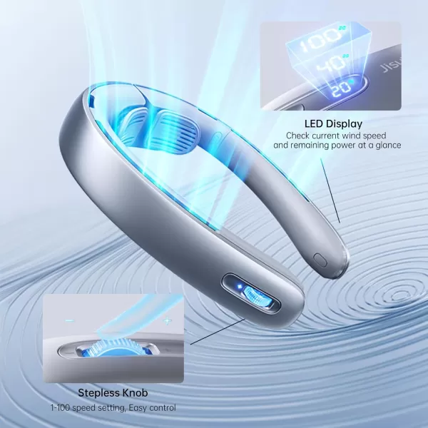 imageJISULIFE Portable Neck Fan Upgraded 100 Speeds Personal Bladeless Fan Wearable Fan with Neck Brace LED Display 5000mAh Rechargeable Battery Operated Fashionable Gifts for Women MenGrey