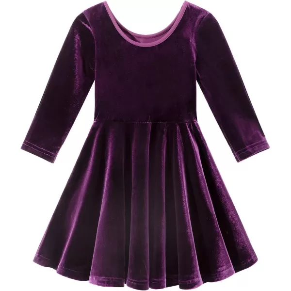 Noomelfish Girls 34 Sleeve Velvet Twirly Dress Casual Skater Dresses with Pockets 412 YearsDark Purple