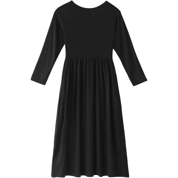 Noomelfish Girls Long Sleeve Maxi Dress Solid Color Casual Long Dresses with Pockets 412 YearsBlack