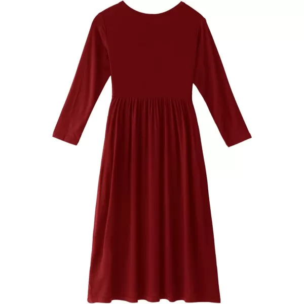 Noomelfish Girls Long Sleeve Maxi Dress Solid Color Casual Long Dresses with Pockets 412 YearsBurgundy