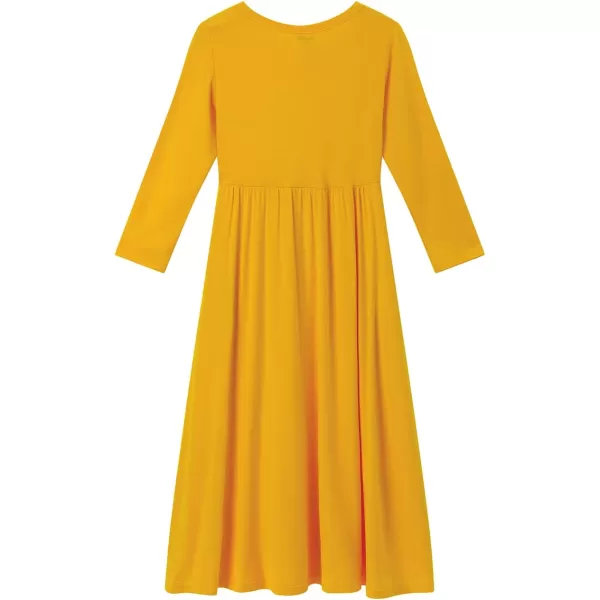 Noomelfish Girls Long Sleeve Maxi Dress Solid Color Casual Long Dresses with Pockets 412 YearsMustard