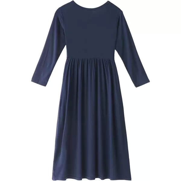Noomelfish Girls Long Sleeve Maxi Dress Solid Color Casual Long Dresses with Pockets 412 YearsNavy Blue