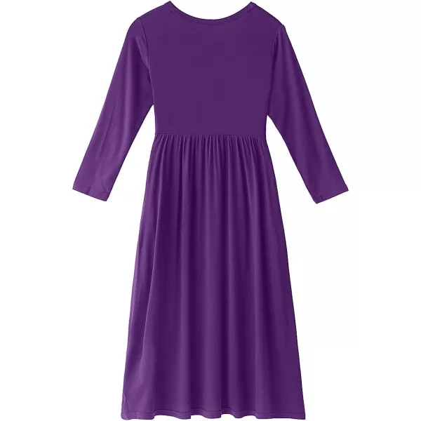 Noomelfish Girls Long Sleeve Maxi Dress Solid Color Casual Long Dresses with Pockets 412 YearsPurple