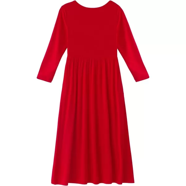 Noomelfish Girls Long Sleeve Maxi Dress Solid Color Casual Long Dresses with Pockets 412 YearsRed