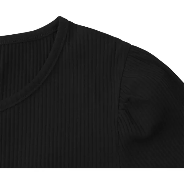 Noomelfish Girls Long Sleeve Ribbed knit Dress Solid Color Casual Pocket Dresses 412 YearsBlack