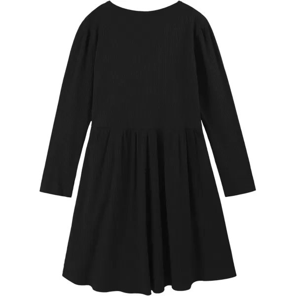 Noomelfish Girls Long Sleeve Ribbed knit Dress Solid Color Casual Pocket Dresses 412 YearsBlack