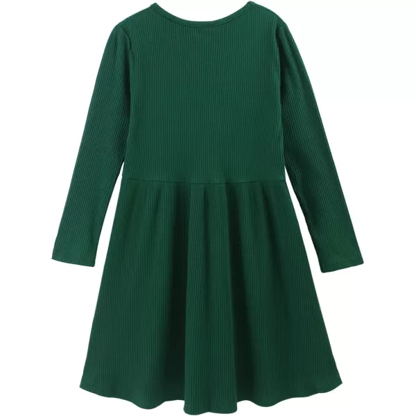 Noomelfish Girls Long Sleeve Ribbed knit Dress Solid Color Casual Pocket Dresses 412 YearsDark Green
