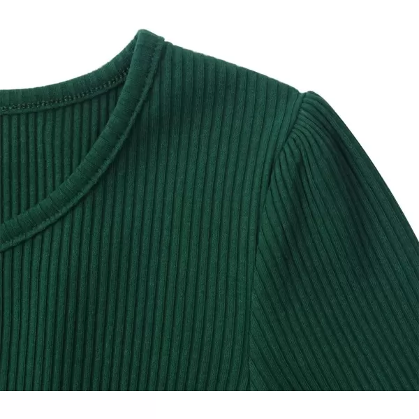 Noomelfish Girls Long Sleeve Ribbed knit Dress Solid Color Casual Pocket Dresses 412 YearsDark Green