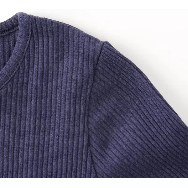Noomelfish Girls Long Sleeve Ribbed knit Dress Solid Color Casual Pocket Dresses 412 YearsNavy Blue