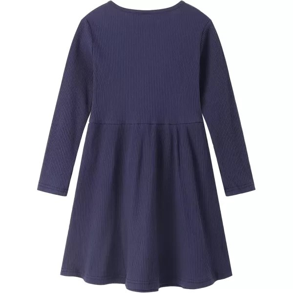 Noomelfish Girls Long Sleeve Ribbed knit Dress Solid Color Casual Pocket Dresses 412 YearsNavy Blue