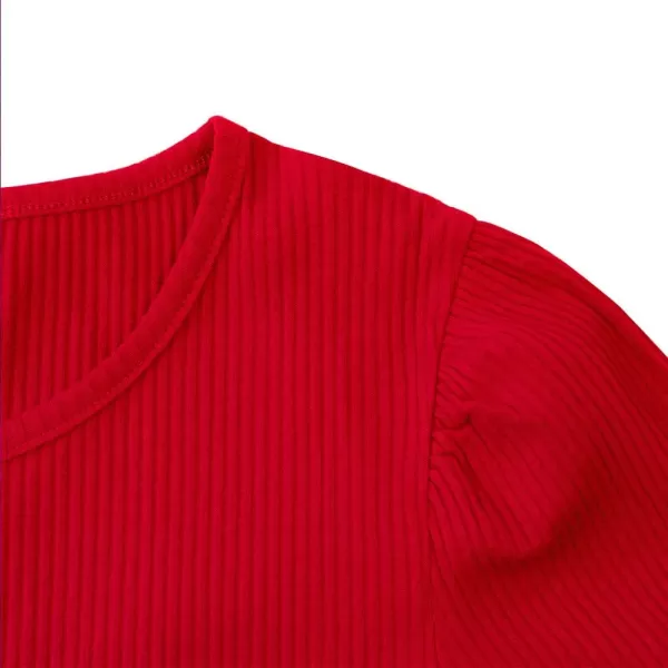 Noomelfish Girls Long Sleeve Ribbed knit Dress Solid Color Casual Pocket Dresses 412 YearsRed