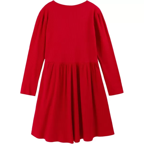 Noomelfish Girls Long Sleeve Ribbed knit Dress Solid Color Casual Pocket Dresses 412 YearsRed