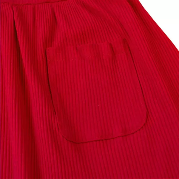Noomelfish Girls Long Sleeve Ribbed knit Dress Solid Color Casual Pocket Dresses 412 YearsRed