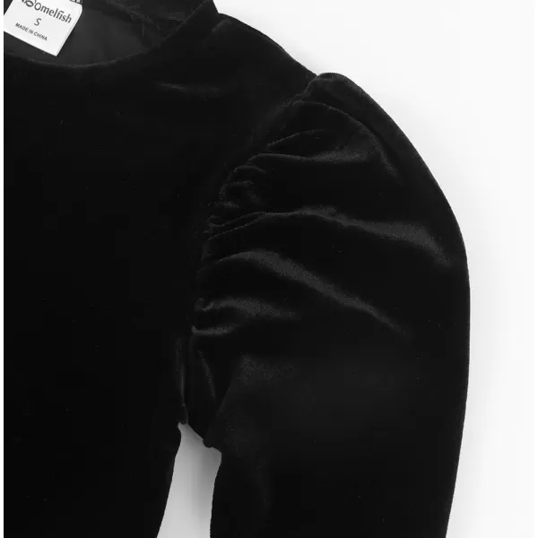Noomelfish Girls Velvet Puff Long Sleeve Shirt Casual Solid Pleated Blouse Tops 512 YearsBlack