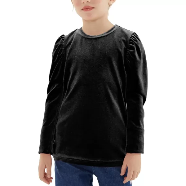Noomelfish Girls Velvet Puff Long Sleeve Shirt Casual Solid Pleated Blouse Tops 512 YearsBlack