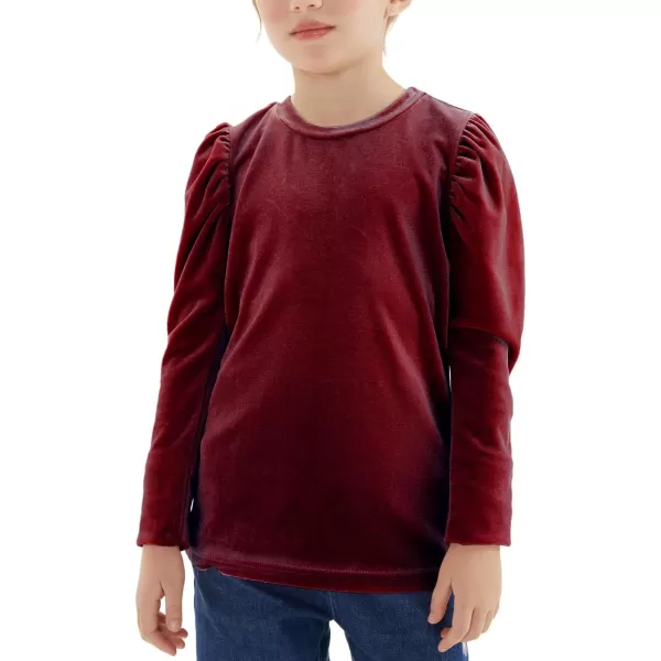 Noomelfish Girls Velvet Puff Long Sleeve Shirt Casual Solid Pleated Blouse Tops 512 YearsBurgundy