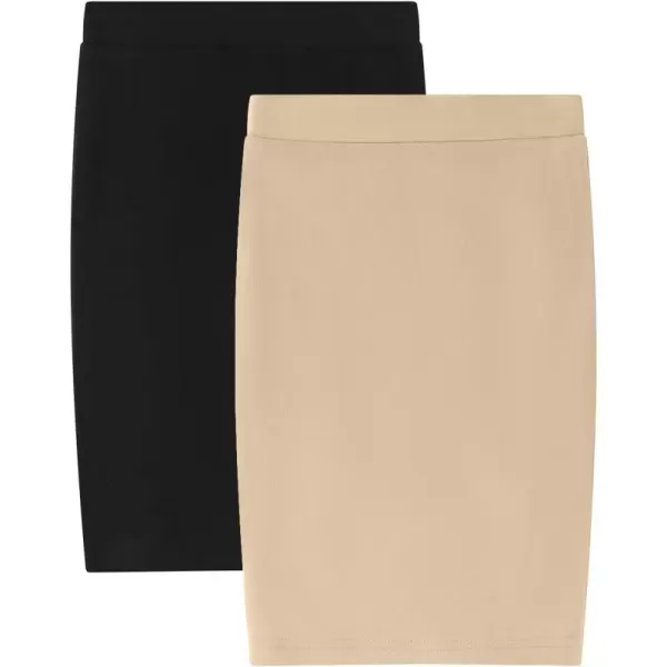 Noomelfish Girls 2 Pack Knee Length Pencil Skirts Plain Stretch Cotton Modest Skirt 514 YearsBlackKhaki