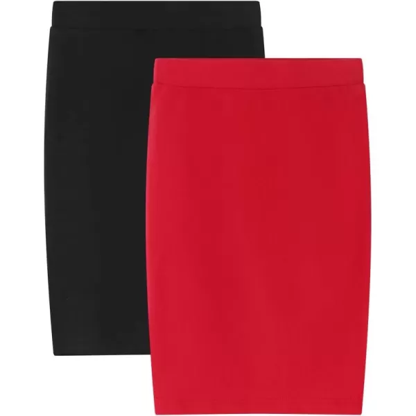 Noomelfish Girls 2 Pack Knee Length Pencil Skirts Plain Stretch Cotton Modest Skirt 514 YearsBlackRed