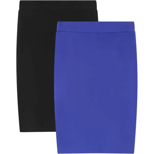 Noomelfish Girls 2 Pack Knee Length Pencil Skirts Plain Stretch Cotton Modest Skirt 514 YearsBlackRoyal Blue