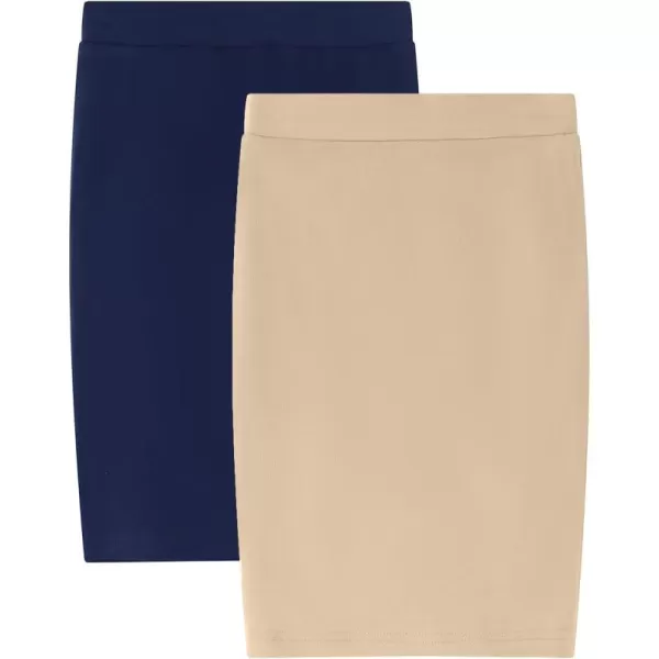 Noomelfish Girls 2 Pack Knee Length Pencil Skirts Plain Stretch Cotton Modest Skirt 514 YearsNavy BlueKhaki