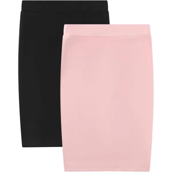 Noomelfish Girls 2 Pack Knee Length Pencil Skirts Plain Stretch Cotton Modest Skirt 514 YearsPinkBlack