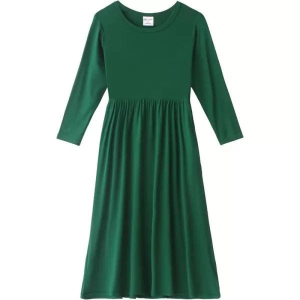 Noomelfish Girls Long Sleeve Maxi Dress Solid Color Casual Long Dresses with Pockets 412 YearsDark Green