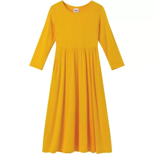 Noomelfish Girls Long Sleeve Maxi Dress Solid Color Casual Long Dresses with Pockets 412 YearsMustard