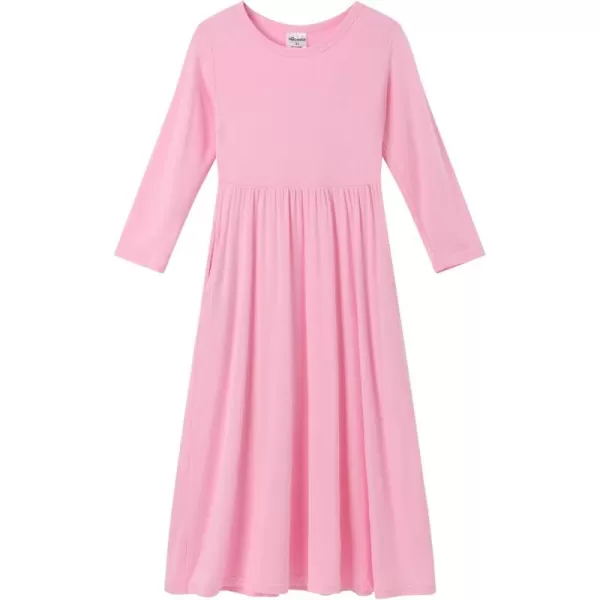 Noomelfish Girls Long Sleeve Maxi Dress Solid Color Casual Long Dresses with Pockets 412 YearsPink