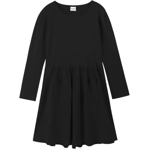 Noomelfish Girls Long Sleeve Ribbed knit Dress Solid Color Casual Pocket Dresses 412 YearsBlack
