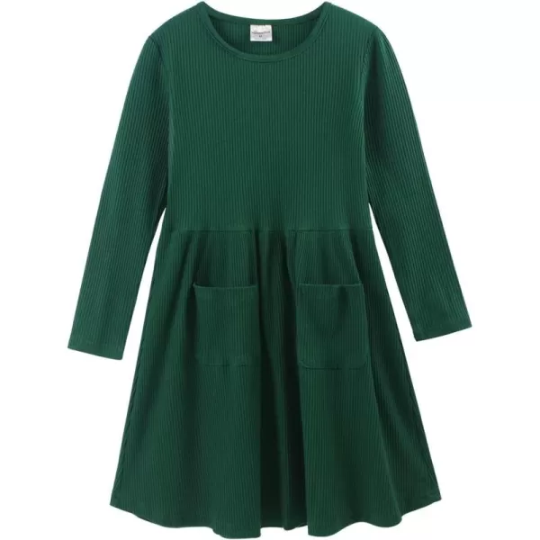 Noomelfish Girls Long Sleeve Ribbed knit Dress Solid Color Casual Pocket Dresses 412 YearsDark Green
