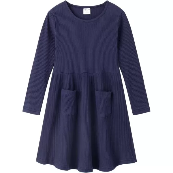 Noomelfish Girls Long Sleeve Ribbed knit Dress Solid Color Casual Pocket Dresses 412 YearsNavy Blue