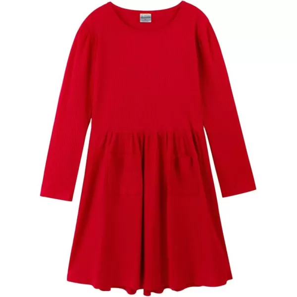 Noomelfish Girls Long Sleeve Ribbed knit Dress Solid Color Casual Pocket Dresses 412 YearsRed