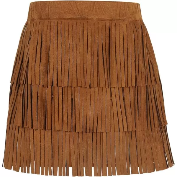Noomelfish Girls Suede Fringe Skirt Boho Tassel Layered Ruffle Skirt 512 YearsBrown