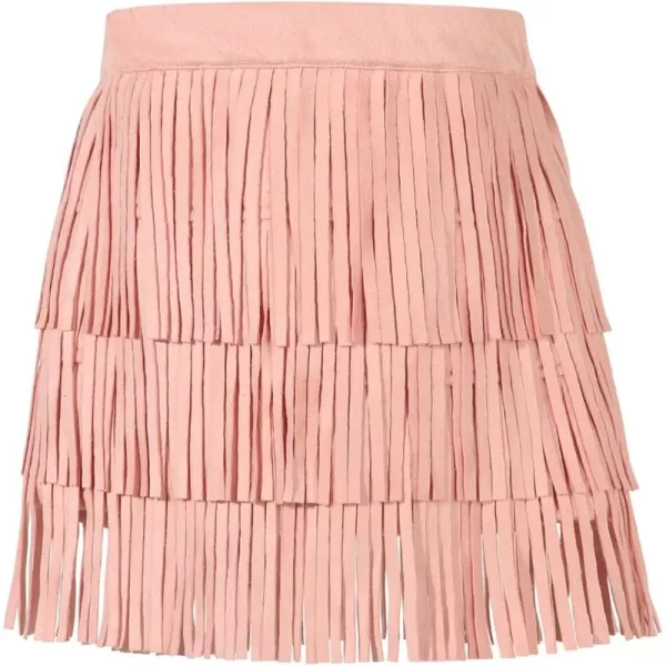 Noomelfish Girls Suede Fringe Skirt Boho Tassel Layered Ruffle Skirt 512 YearsLight Pink