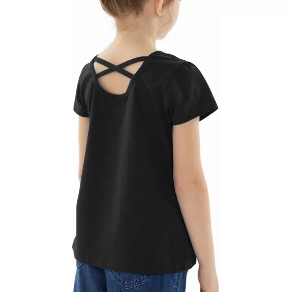 Noomelfish Girls Criss Cross Back TShirts Short Puff Sleeve Tee Tops 512 YearsBlack