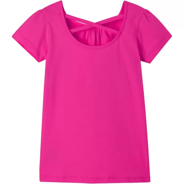 Noomelfish Girls Criss Cross Back TShirts Short Puff Sleeve Tee Tops 512 YearsHot Pink
