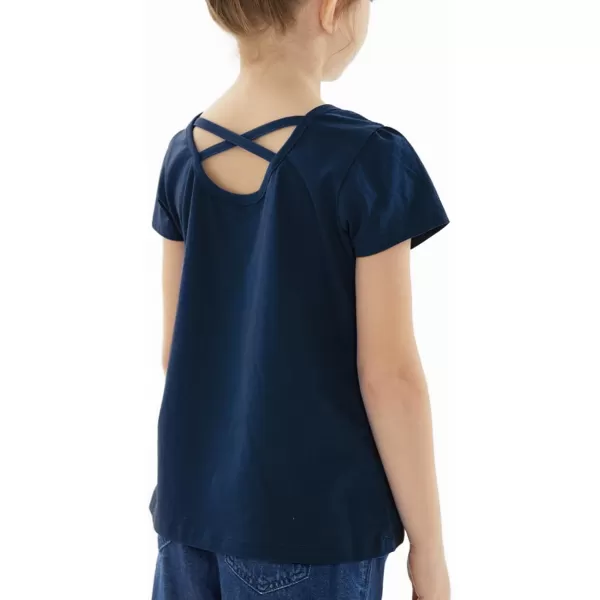 Noomelfish Girls Criss Cross Back TShirts Short Puff Sleeve Tee Tops 512 YearsNavy Blue